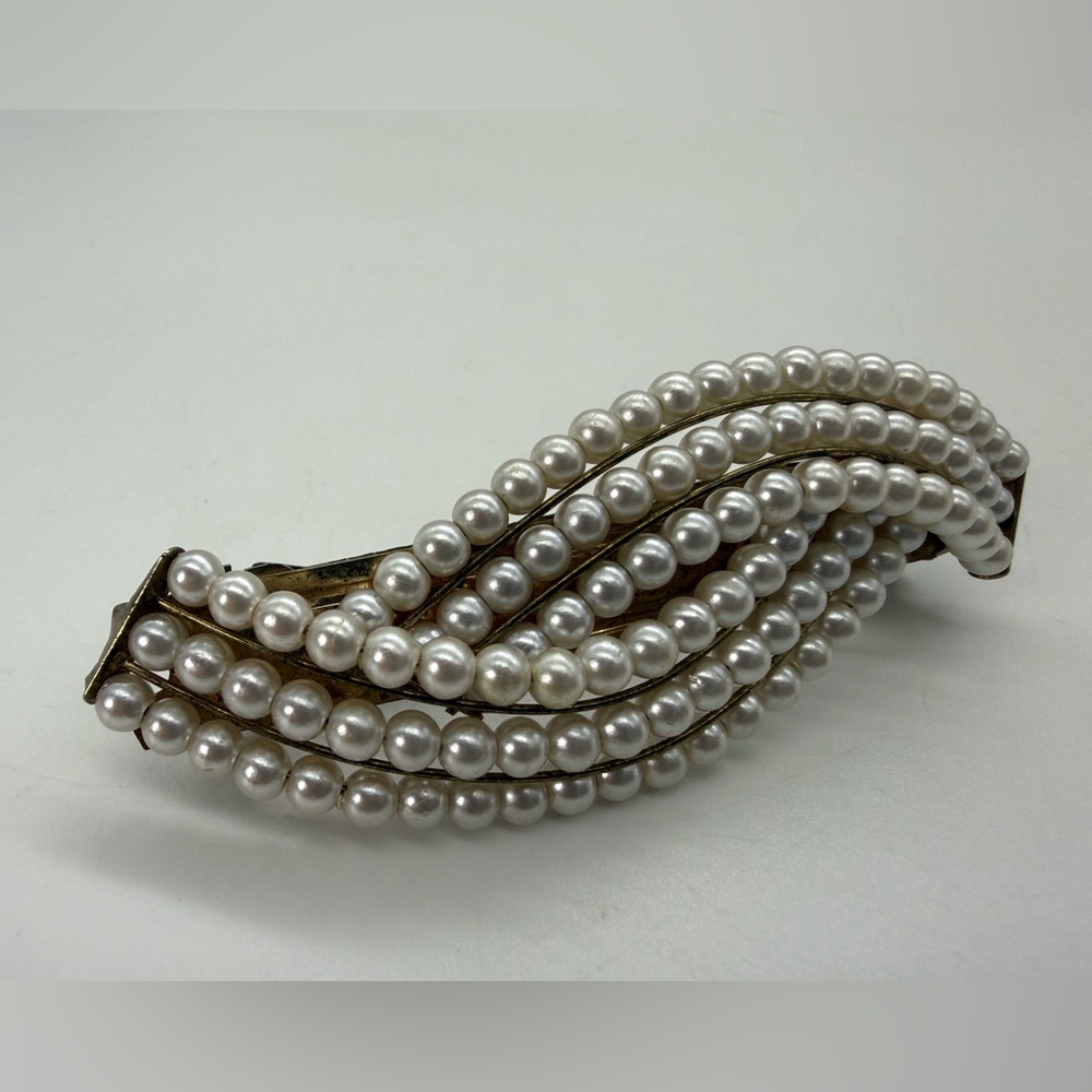 Vintage Classy Faux Pearl Large French Barrette Gold Tone Bridal Hair Clip Gift - Picture 2 of 8